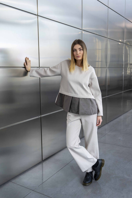 thiPo Blusa plissè inserto taffetà Gesso Tortora