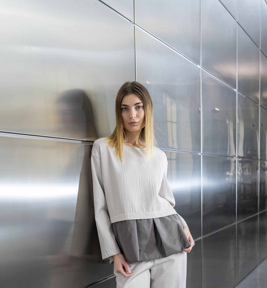 thiPo Blusa plissè inserto taffetà Gesso Tortora