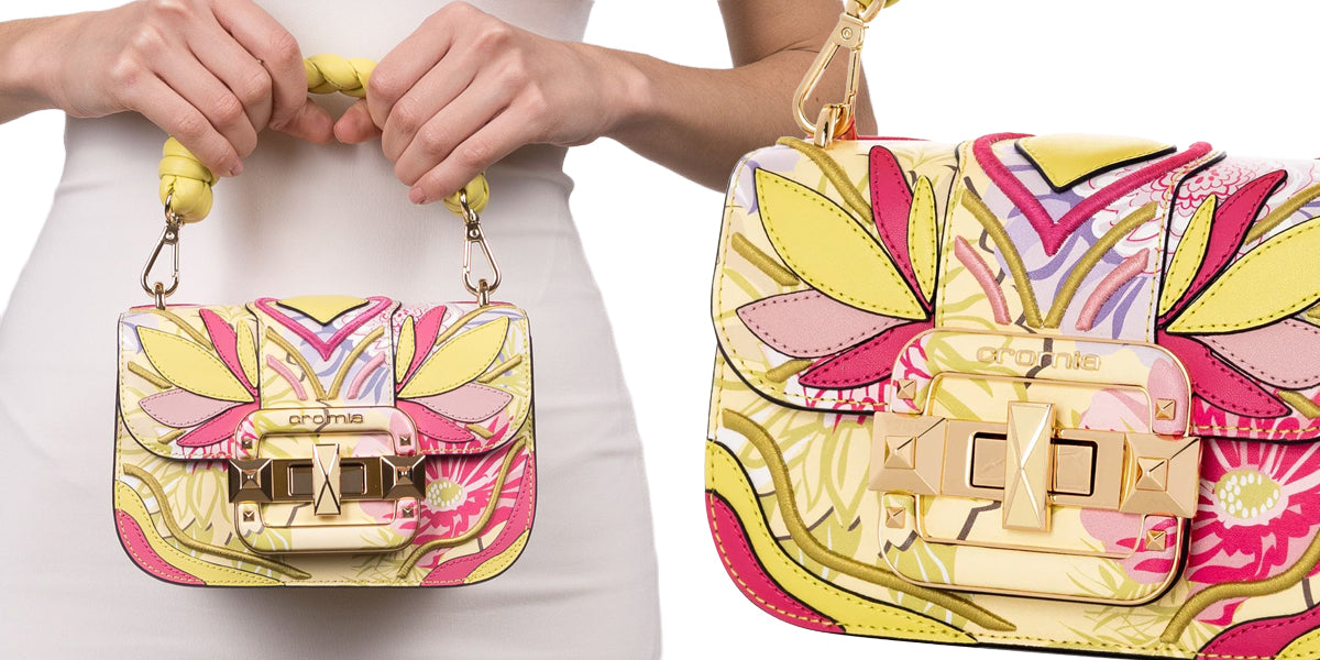 Borsa piccola e molto colorata, toni del giallo e fucsia, piccolo manico rivestito in pelle giallo