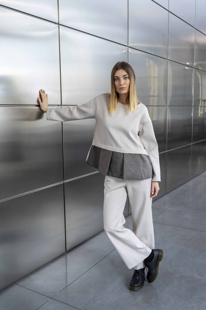thiPo Blusa plissè inserto taffetà Gesso Tortora
