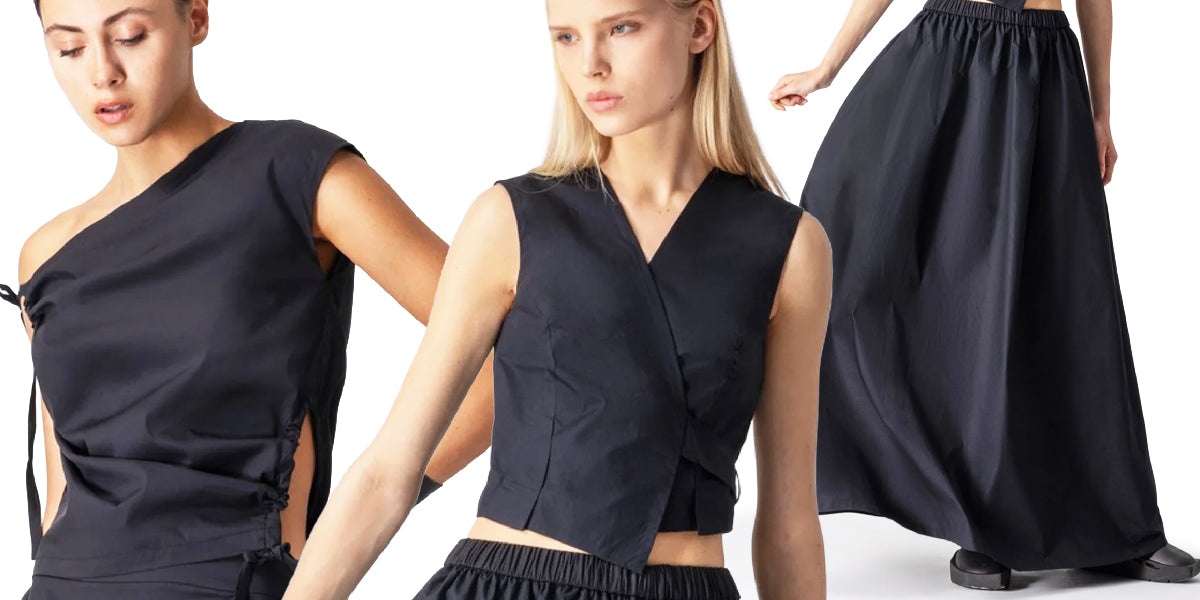 Sinistra: top nero indossato asimmetrico senza maniche, al centro gilet nero asimmetrico, a destra gonna ampia e lunga nera